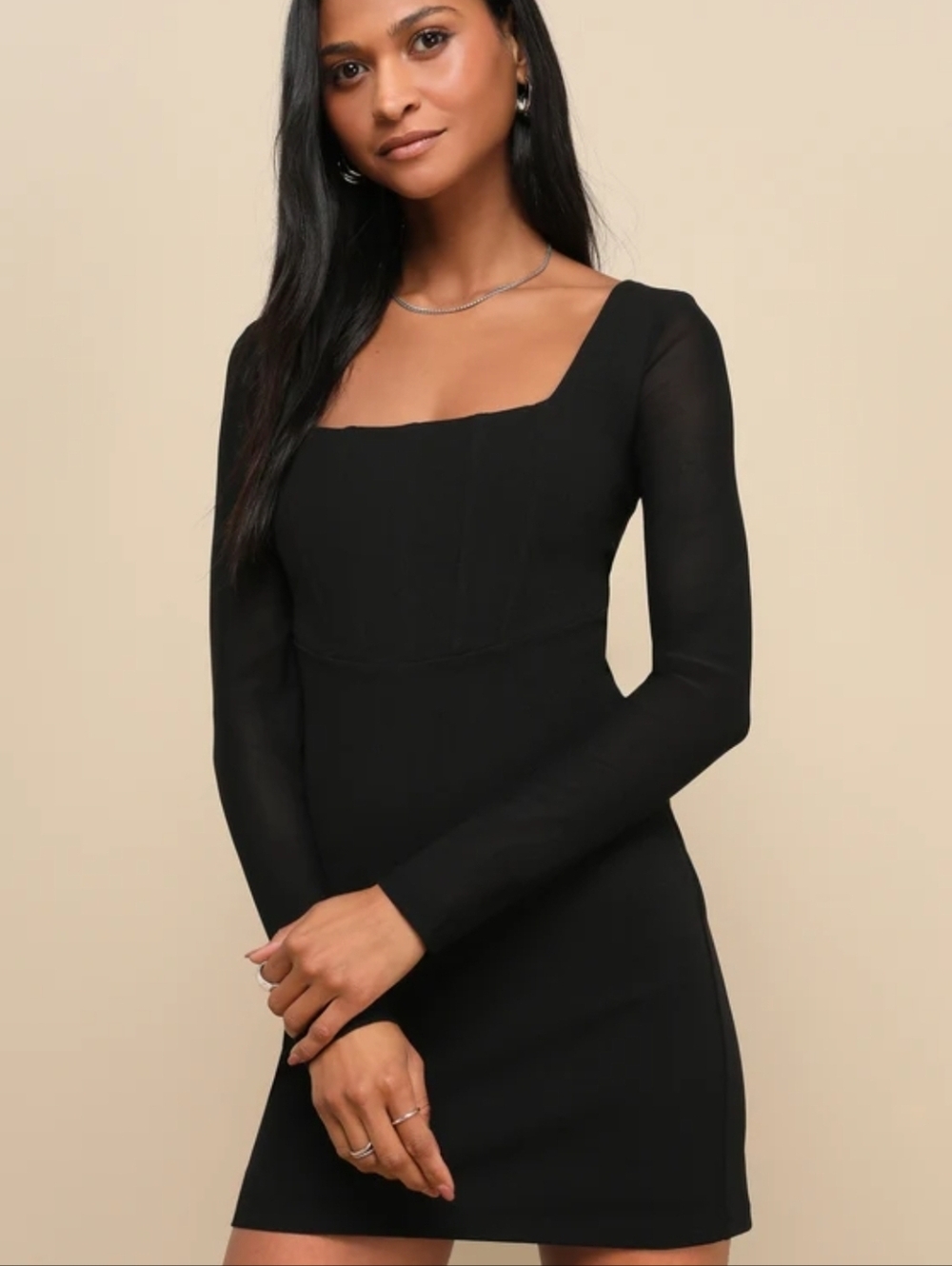 Lulus Flirty Delight Black Long Sleeve Bustier Mini Dress Size XL Sheer Arms